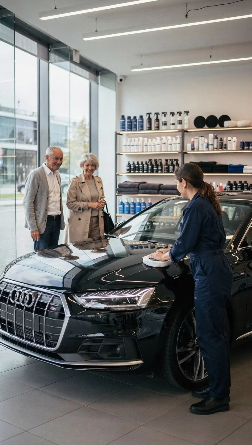Hochwertige Fahrzeugpflege und Lackaufbereitung eines eleganten europäischen Sportwagens in einer spezialisierten Serviceeinrichtung.